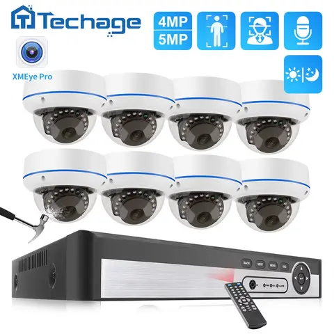 Techage 카메라 시스템, POE 감시 보안 카메라, IP 시스템 키트, 얼굴 감지, 파손 방지 카메라, CCTV 비디오 NVR, 8CH, 5MP, 4MP