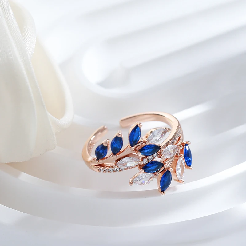 Kinel Luxury Full Paved Blue Purple Green Natural Zircon Open Rings for Women 585 Rose Gold Color Hollow Flower Vintage Jewelry