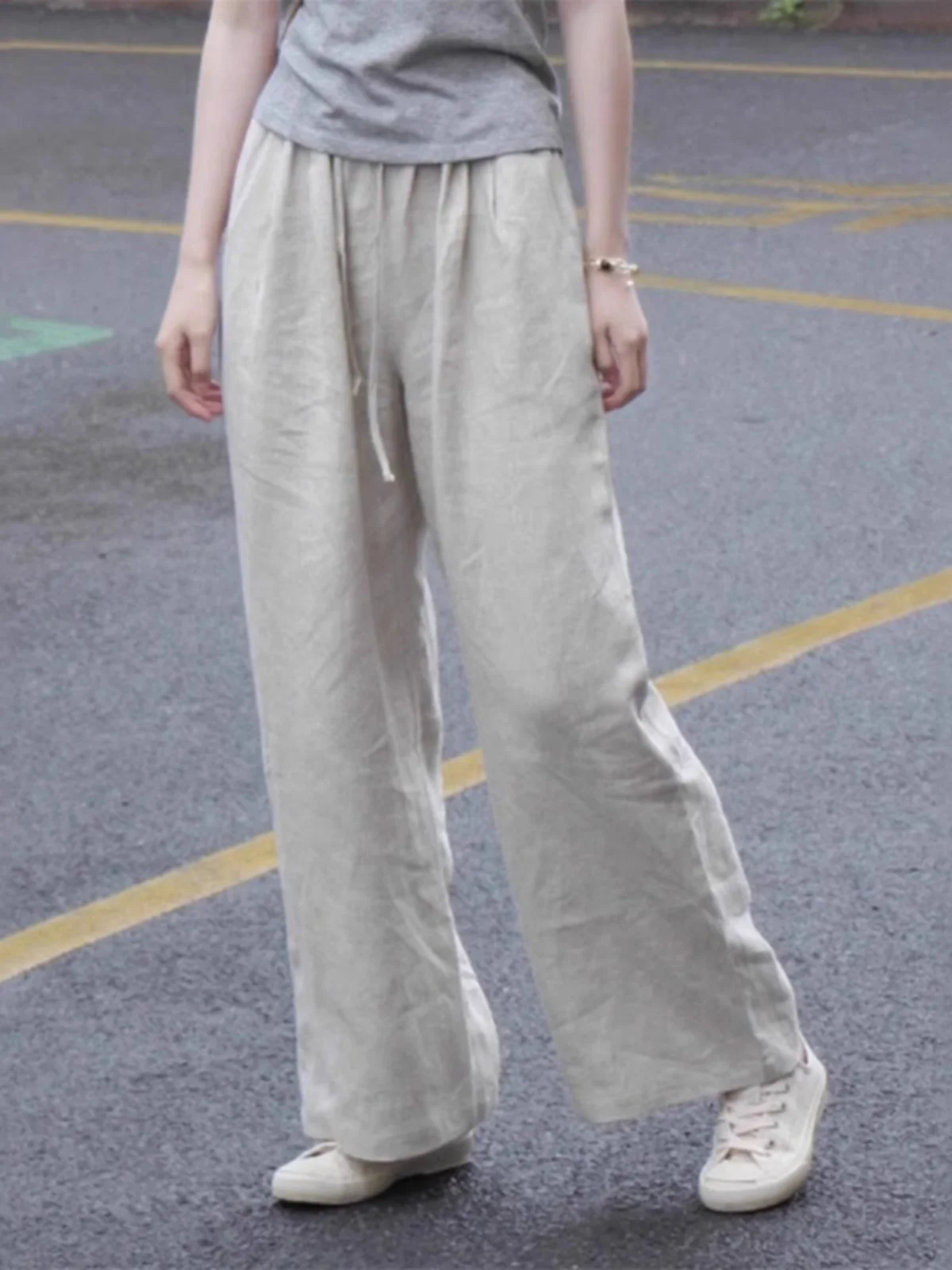 فضفاض القطن الكتان واسعة الساق تسع نقاط السراويل مستقيم قطع السراويل الطويلة للنساء Sli Agel الكورية Sle تخفيف الرياح