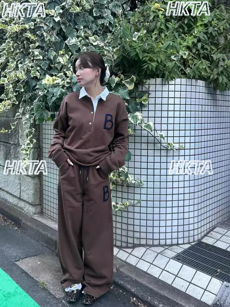 

Японская ниша с вышивкой букв, воротник-поло, толстовка, куртка, спортивные штаны, комплект, осенние новые модные толстовки, топ, спортивные брюки для женщин