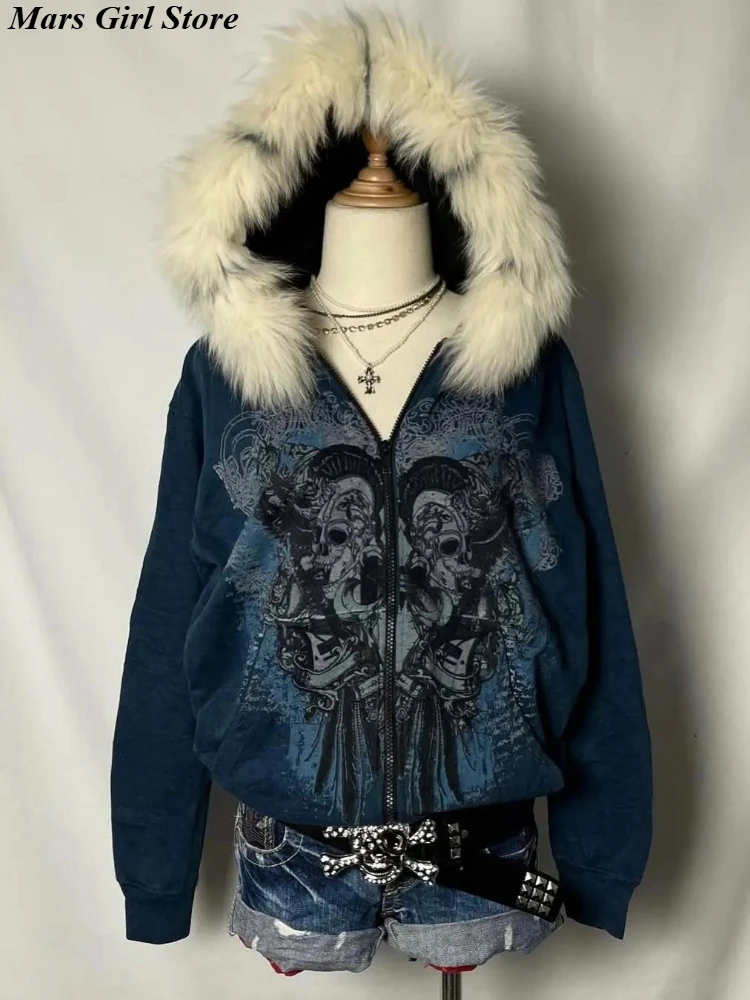 American Retro Y2k Harajuku Spice Girls Hoodie Women Loose Long Sleeve Skulls Fur Collar Zipper Coats Vintage Casual Chic Tops