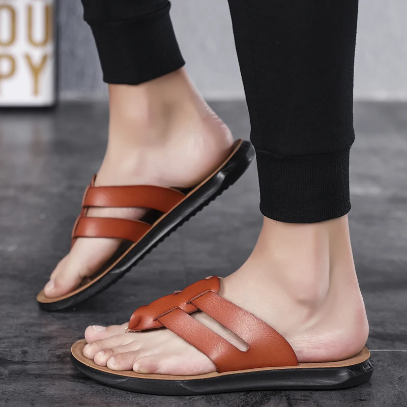 Mens Flip Flops Artificial Leather Slippers Beach Shoes Summer Casual Chanclas Hombre Infradito Uomo Japonki