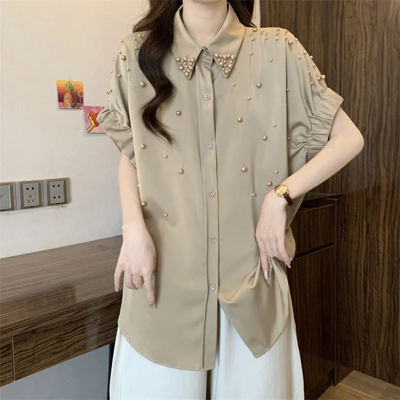 

Black Khaki Plus Size Women's Shirt Design Sense Blouse Heavy Industry Beaded Satin Fashion Shirts Short Sleeve Tee Shirts