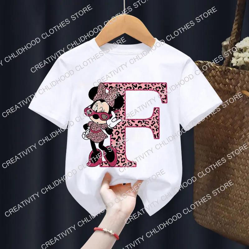 Minnie Children T-Shirts Letter A-Z Name Combination Disney Kawaii Cartoons Clothes Kids Little Boy Girl Tee Shirts Casual Tops