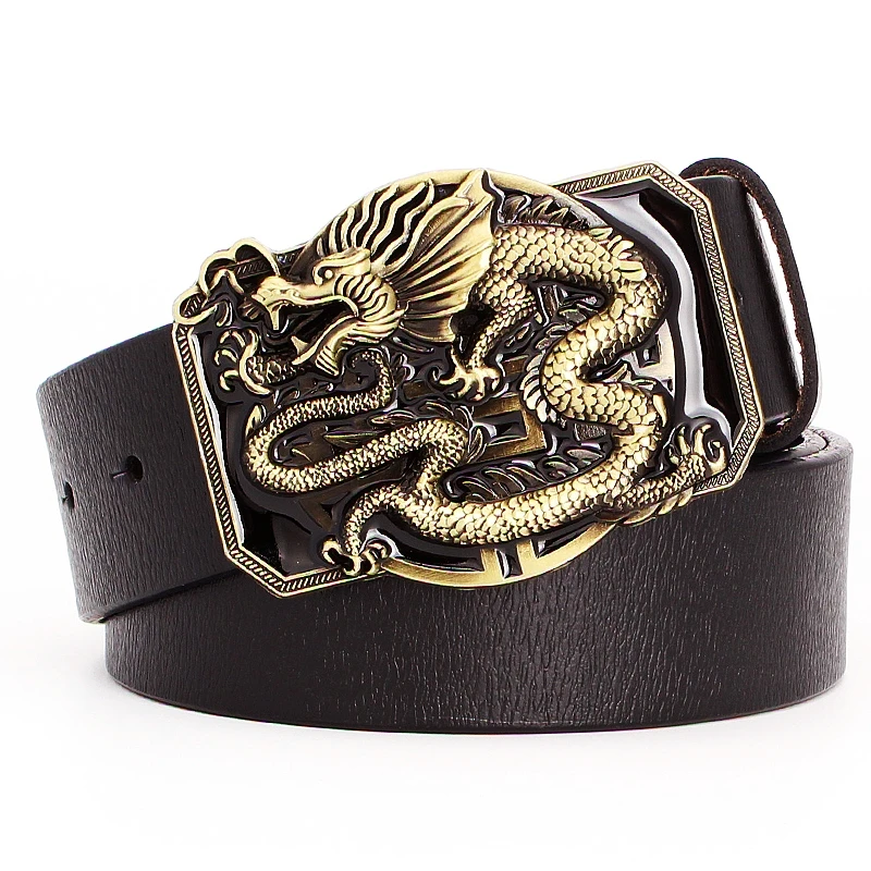 

Golden Dragon Totem Buckle Fashion Men Belt Cowskin Leather Chinese Dragon Flying Pattern Free Shipping