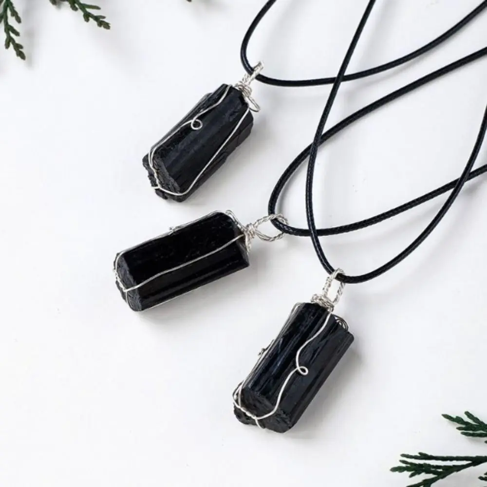 Irregular Shape Natural Black Tourmaline With Silver Wire Rough Black Tourmaline Pendant Natural Raw Stone Necklace Pendant