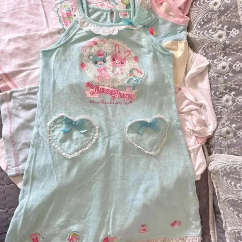 Japońska śliczna kokardka haft królika Kawaii Party Mini sukienki słodka Lolita t-shirty kobiety moda Y2k sukienka księżniczki