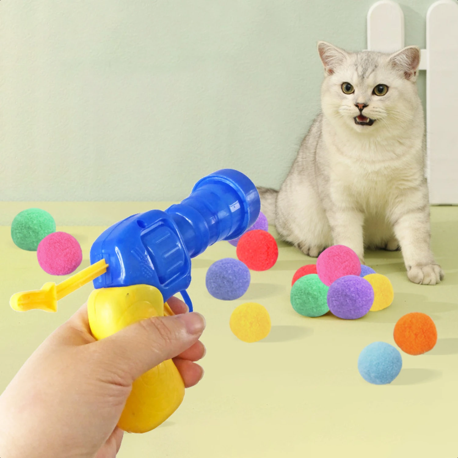 Colorful, Exciting, and Fun Elastic Micro Plush Ball Shooting Gun Toy Set for Your Feline Friend - Enhance Playtime with Endless