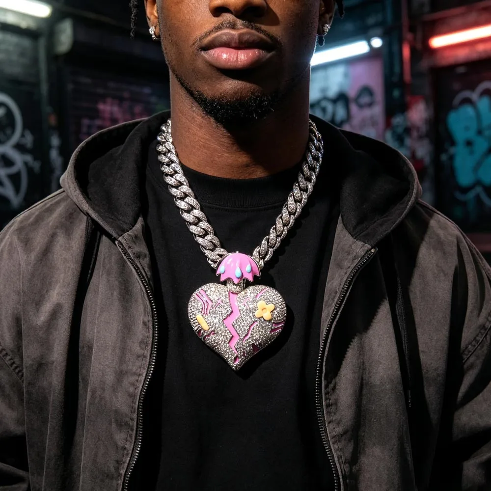 3D Broken Heart Sparkling Pendant Iced Out Hip-hop Necklace Accessory Punk Anniversary Rapper Jewelry Gifts Men Girl Boy Friends