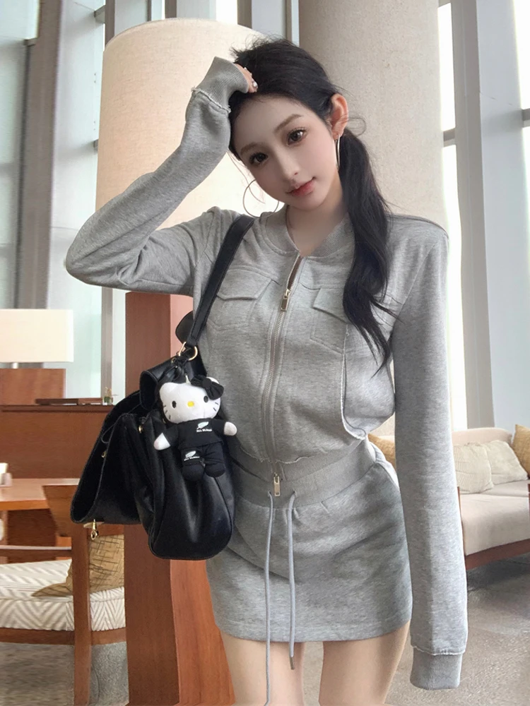 Casual Sporty Grey Simple Double Zipper Long Sleeve Open Cardigan Top with Belted  Skirt Fashionable Two-Piece Set for Women