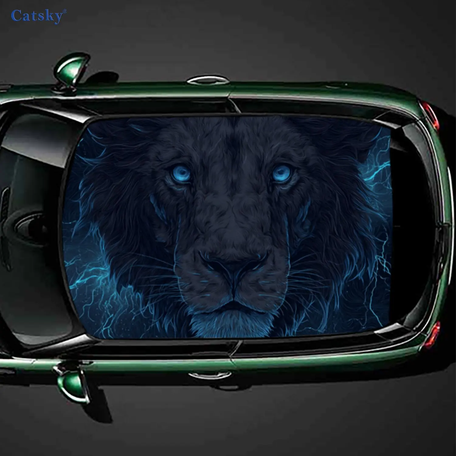

Mighty Blue Lightning Black Lion Car Roof Sticker, PVC Self-Adhesive Waterproof Car Vinyl Decal, Car Decoration Protection Stick