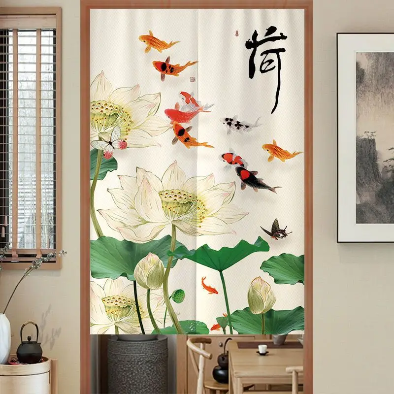 New Chinese Ink Landscape Lotus Fabric Half Curtain Partition No Punching for Home Decor Door Curtain Japanese Noren Style
