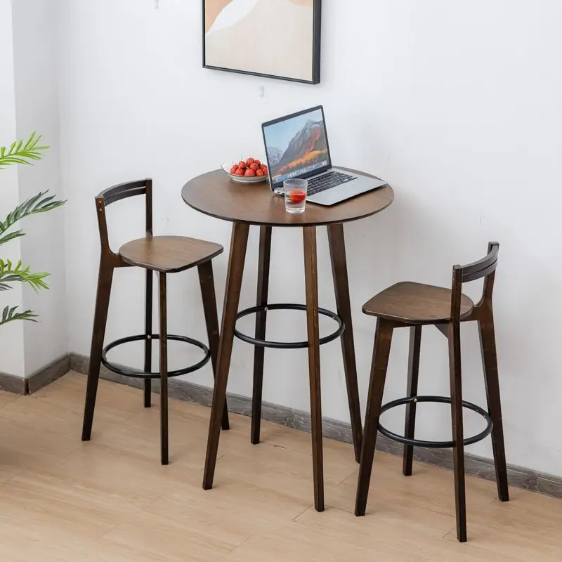 Solid wood bamboo round table For Balcony window bar living room Cafe Small high table chair combination set furniture