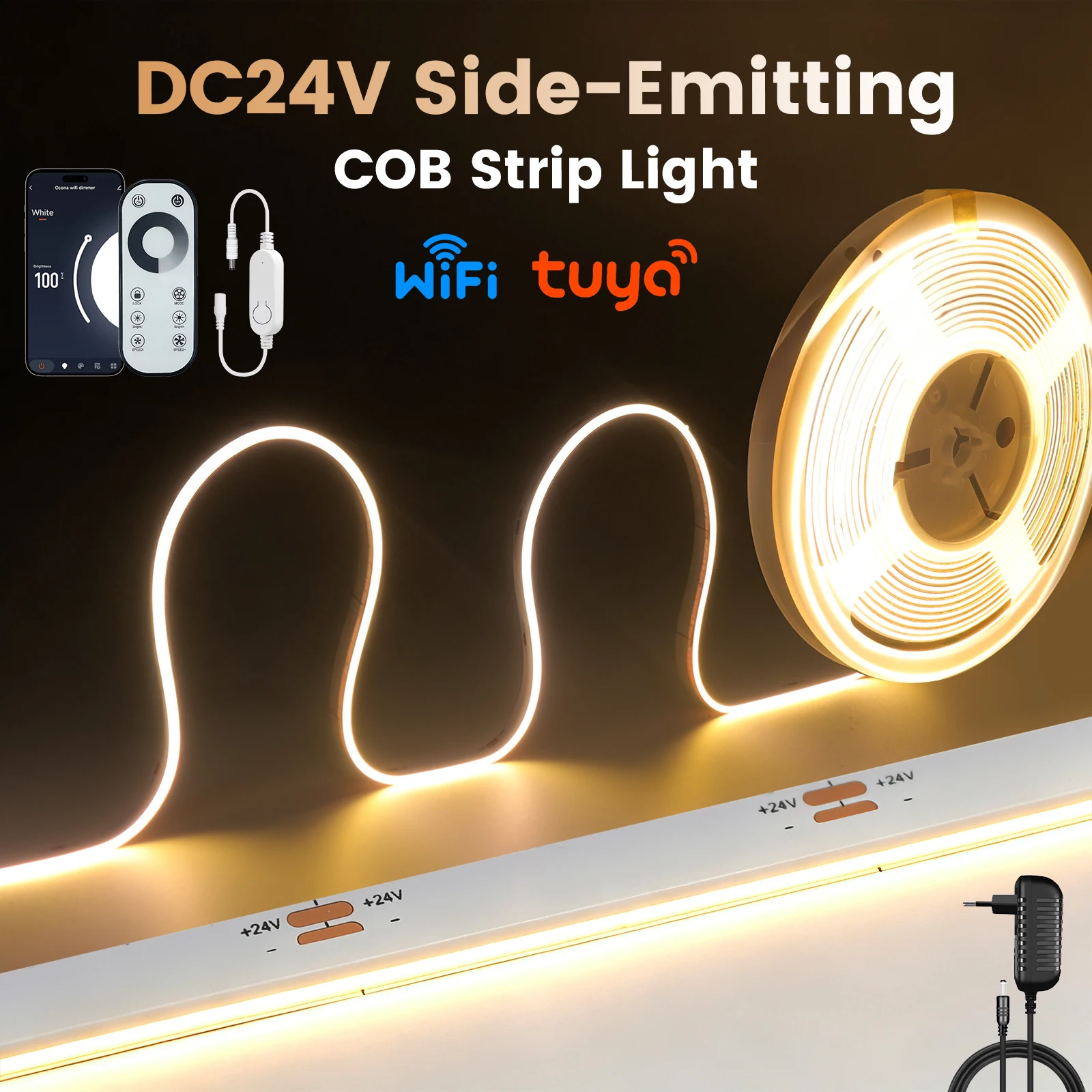 DC 24V Dimmerable New Side Emitting COB LED Strip EU/US/UK Set 480leds/m IP20 Warm White/Natural White/Cool White Linear Light