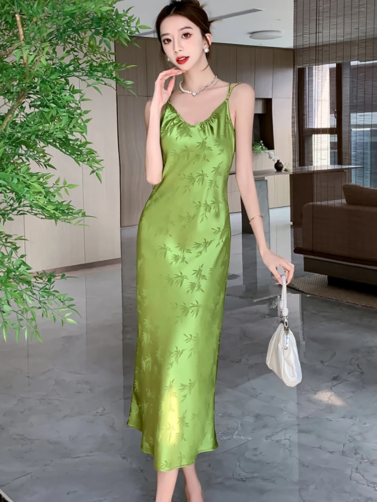 2024 New Green Print Chic Sling Luxury Long Dress Women Elegant Bodycon Dress Gown Summer Korean Fashion Festival Evening Dress