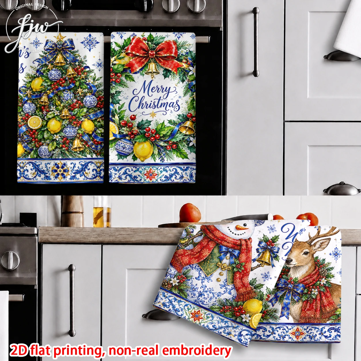 6pcs Christmas Kitchen Towels Blue Porcelain Style Xmas Decor Dish Towels for Holiday Winter Home Decor