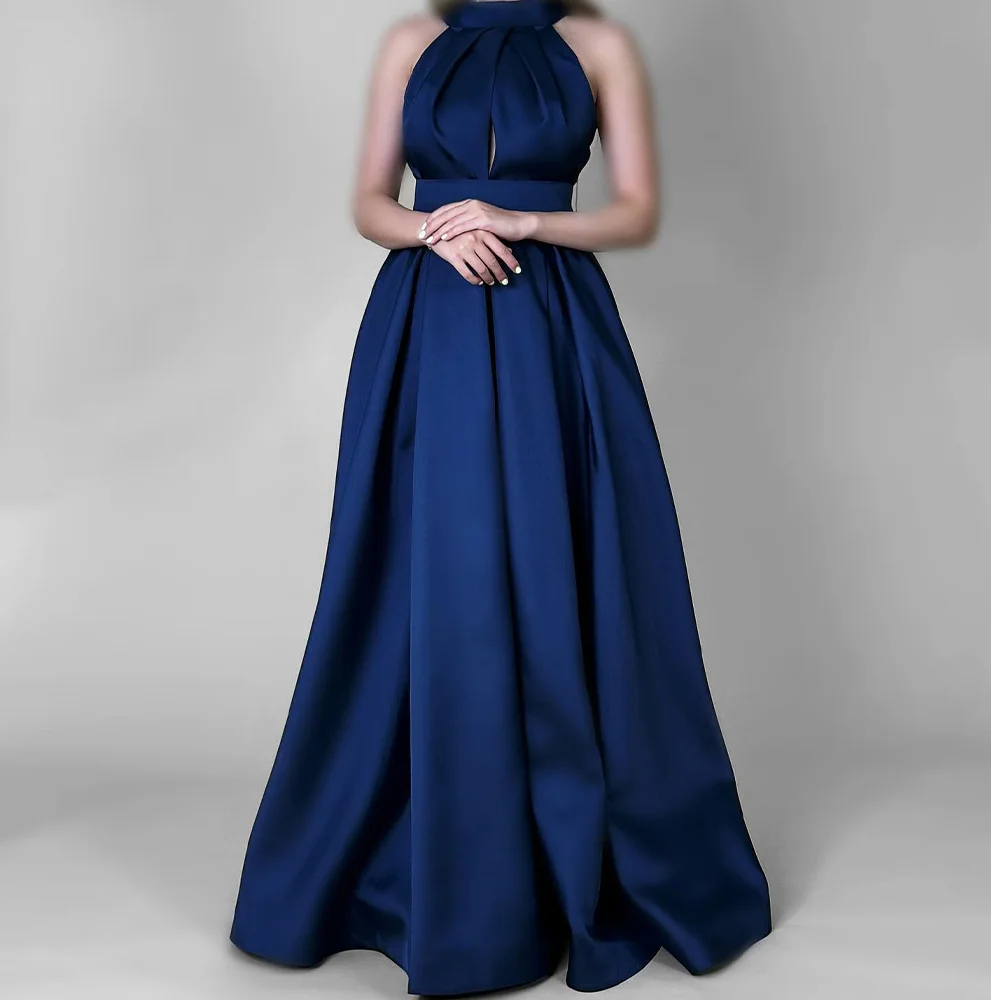 Customized High Quality Satin A-Line Evening Dress Temperament Floor Length Halter Sleeveless vestidos para mujer