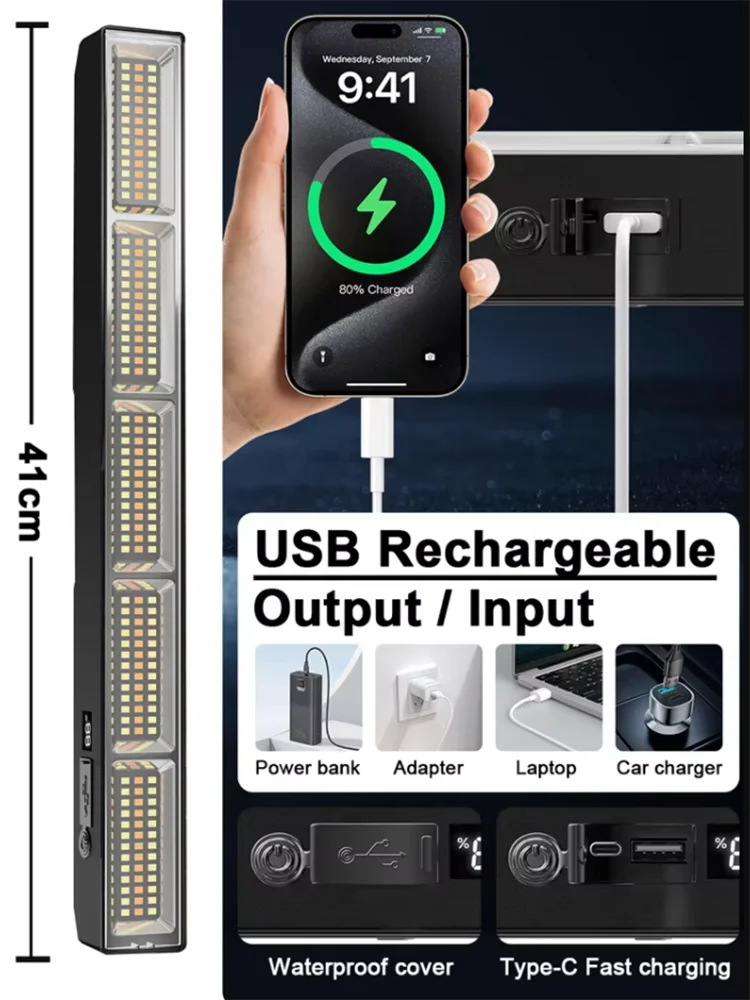 2025【High Power Magnetic LED Light Bar】41cm Portable USB Rechargeable Work Light 3 Modes IP66 Waterproof Emergency Power Bank