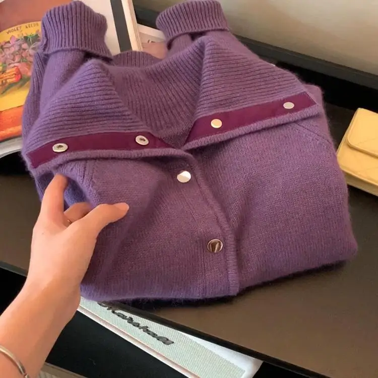 2026 Temperament Elegant Simple Fashion Personality Beautiful Fleece Women's Autumn Soft Waxy Casual Navy Collar Knitted Sweater