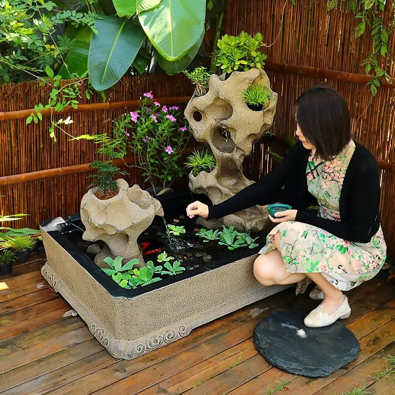 New Chinese-style courtyard, fish pond landscaping, decorative ornaments, garden layout, water feature