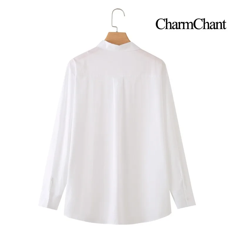CHARMCHANT Women's Cotton Tie Detail Shirt Irregular Collar Long Sleeve Loose Blouse Elegant Office Daily Casual 2026 Autumn
