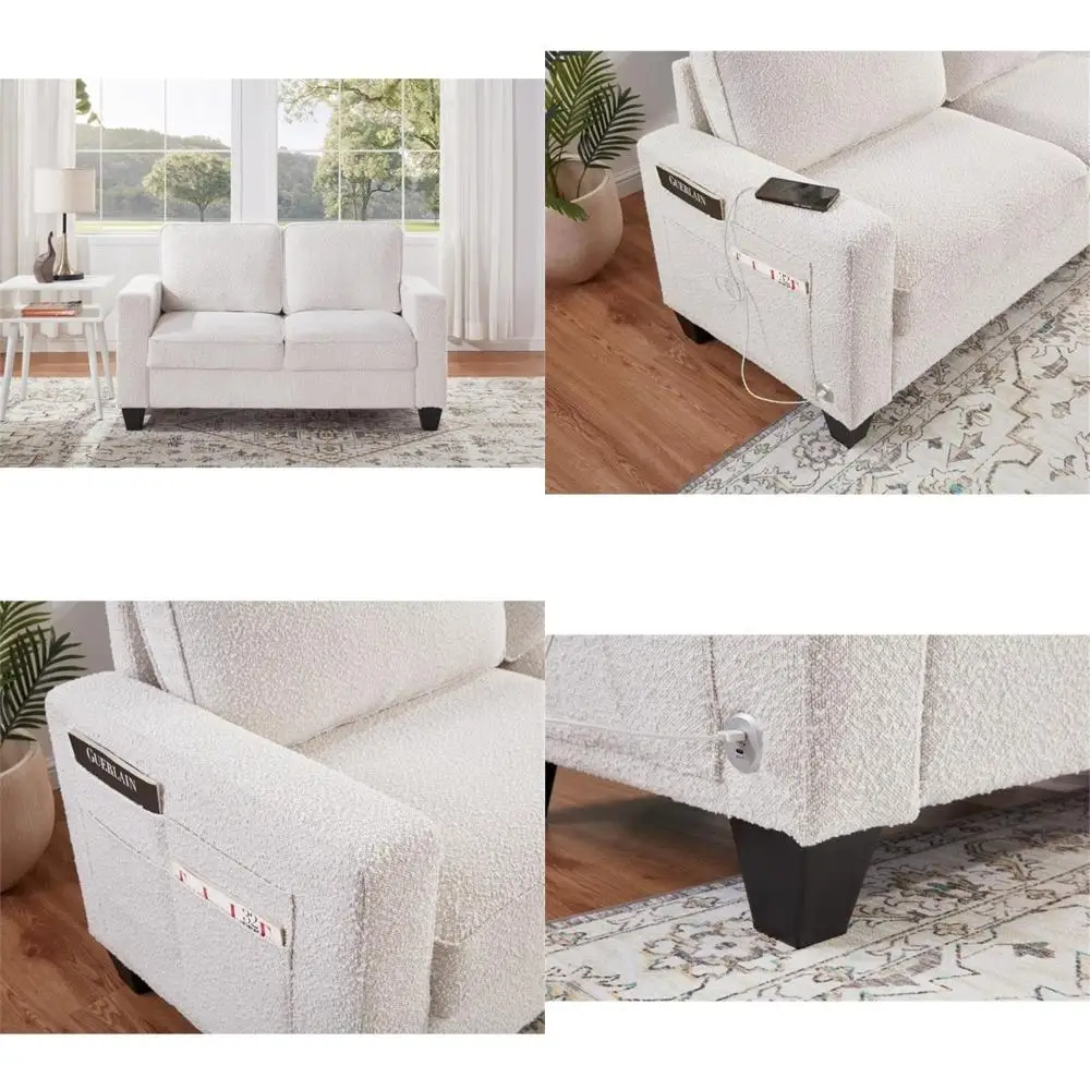 أريكة بمقعدين باللون البيج على الطراز الانتقالي مع منفذ شحن USB وجيوب جانبية، بعرض 57 بوصة، وظيفي وأنيق للأولاد