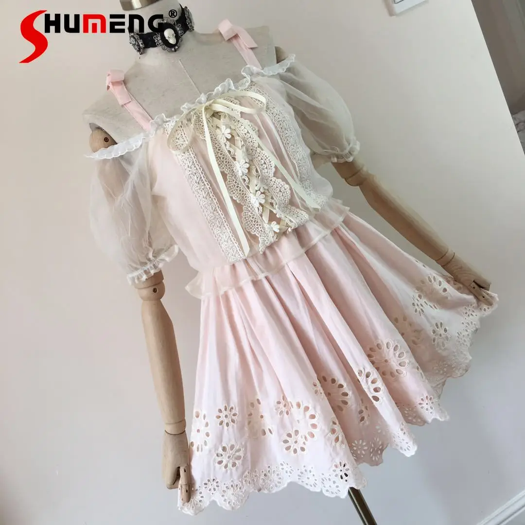 

Japanese Sweet Dream Tramsparent Yarn Sling Dress 2024 Summer New Hollow Flower Embroidered Breathable Cotton Suspender Dresses