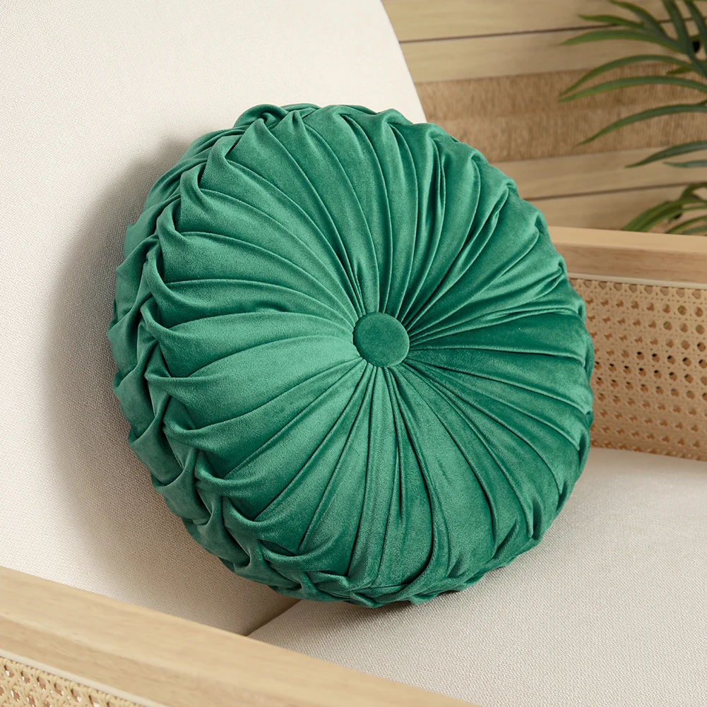 Velvet Round Floral Wrinkle pillow Cushion, Dark Green 45CM