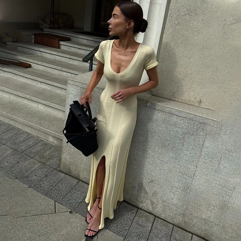 

XIAOTANG Весенне-летнее трикотажное платье с коротким рукавом, однотонное, с V-образным вырезом, с разрезом, длинное, облегающее, сексуальное, для повседневной носки, женское