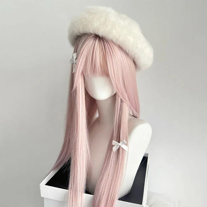 Peluca rosa, pelo largo, cabeza simulada de pelo artificial, accesorios de juego de anime, Cosplay, tocado, pelo liso, accesorios para espectáculo de fotos