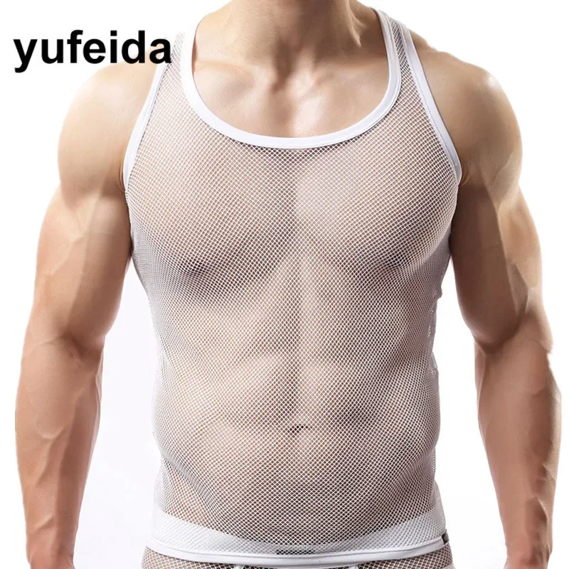 

Sexy Mens Undershirts Mesh See Through Fishnet Sleeveless Tops Gym Vest Slim Fitness Clothing Male Tank Tops Casual Underwear