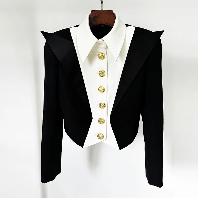 Black White Block Short Jacket Outfit For Women 2024 Autumn Contrast Slim Fit Single Breasted Gold Buttons Suit Blazer Coat G668