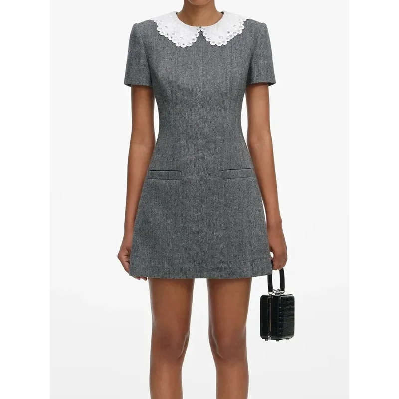

Women Wool Blend Dress Early Spring 2026 Lace Stitching Peter Pan Collar Short Sleeve High Waist Elegant Slim Mini Robe