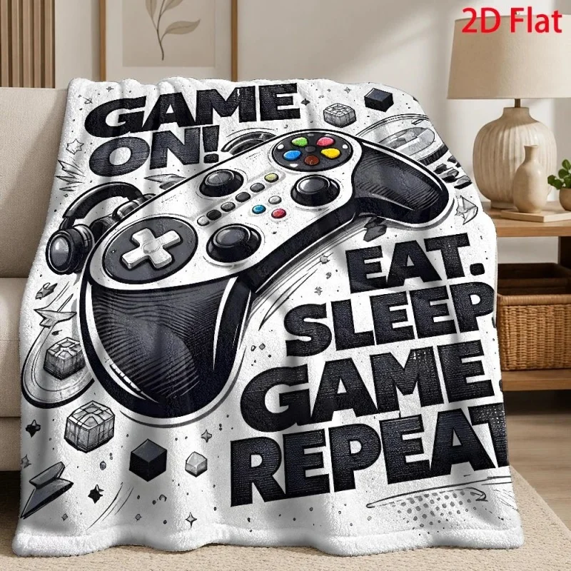 Game Controller Game On Slogan Print Flannel Throw Blanket, Gamer Graphic Retro Arcade Element Pattern Soft Cozy Blanket