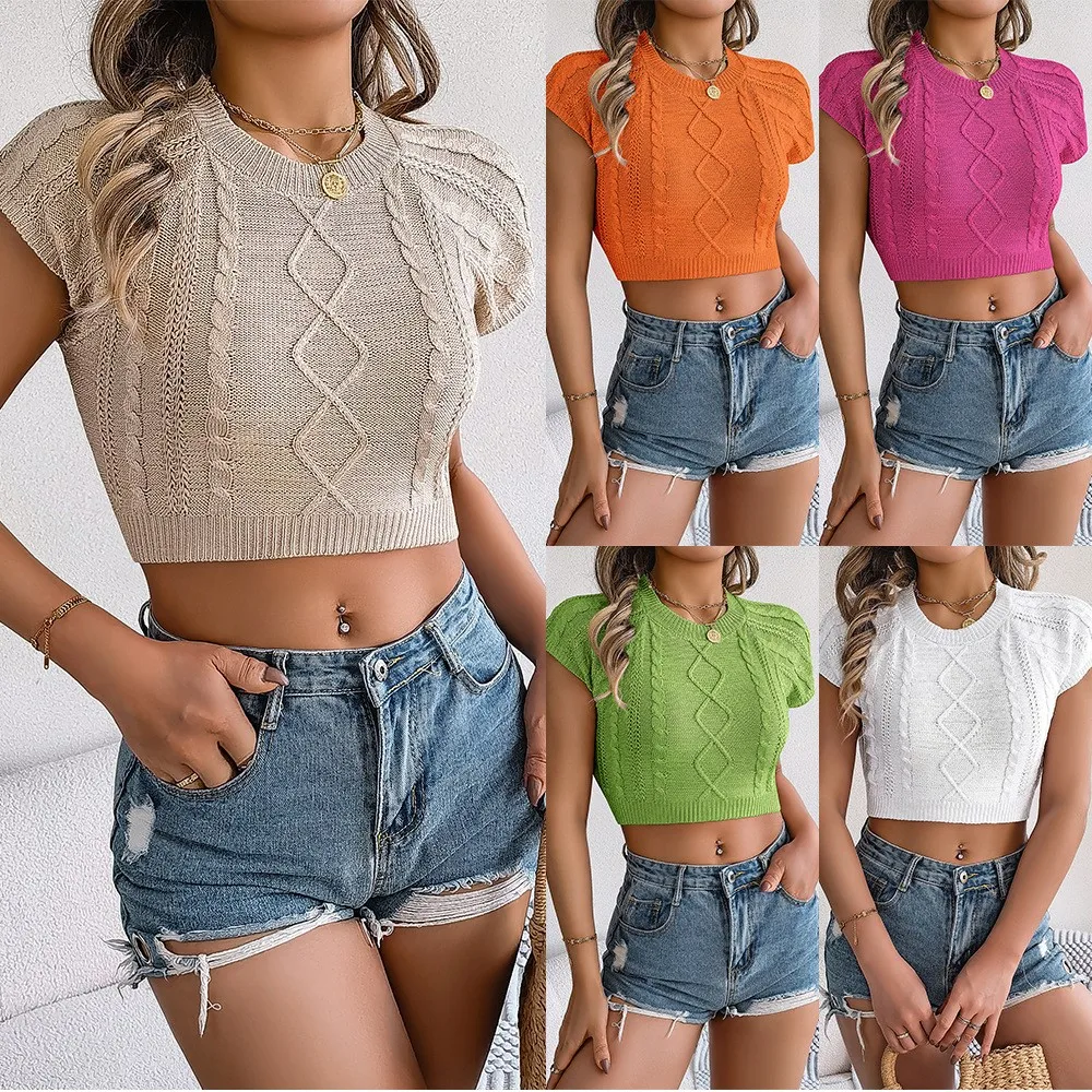 

Short Sleeve Knitted T Shirt Holiday Short Umbilical Women's Short Sleeve Tops Vetement Femme Tendance Camisetas De Manga Corta