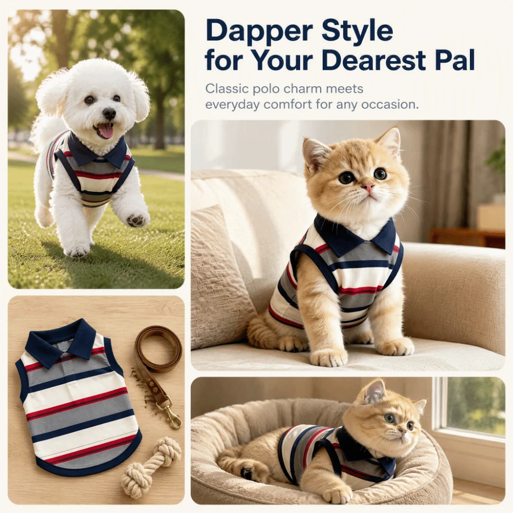 Neues gestreiftes Haustier-Poloshirt, modisches, atmungsaktives Katzen-Poloshirt, waschbarer Haustierpullover für Welpen – Detail 1