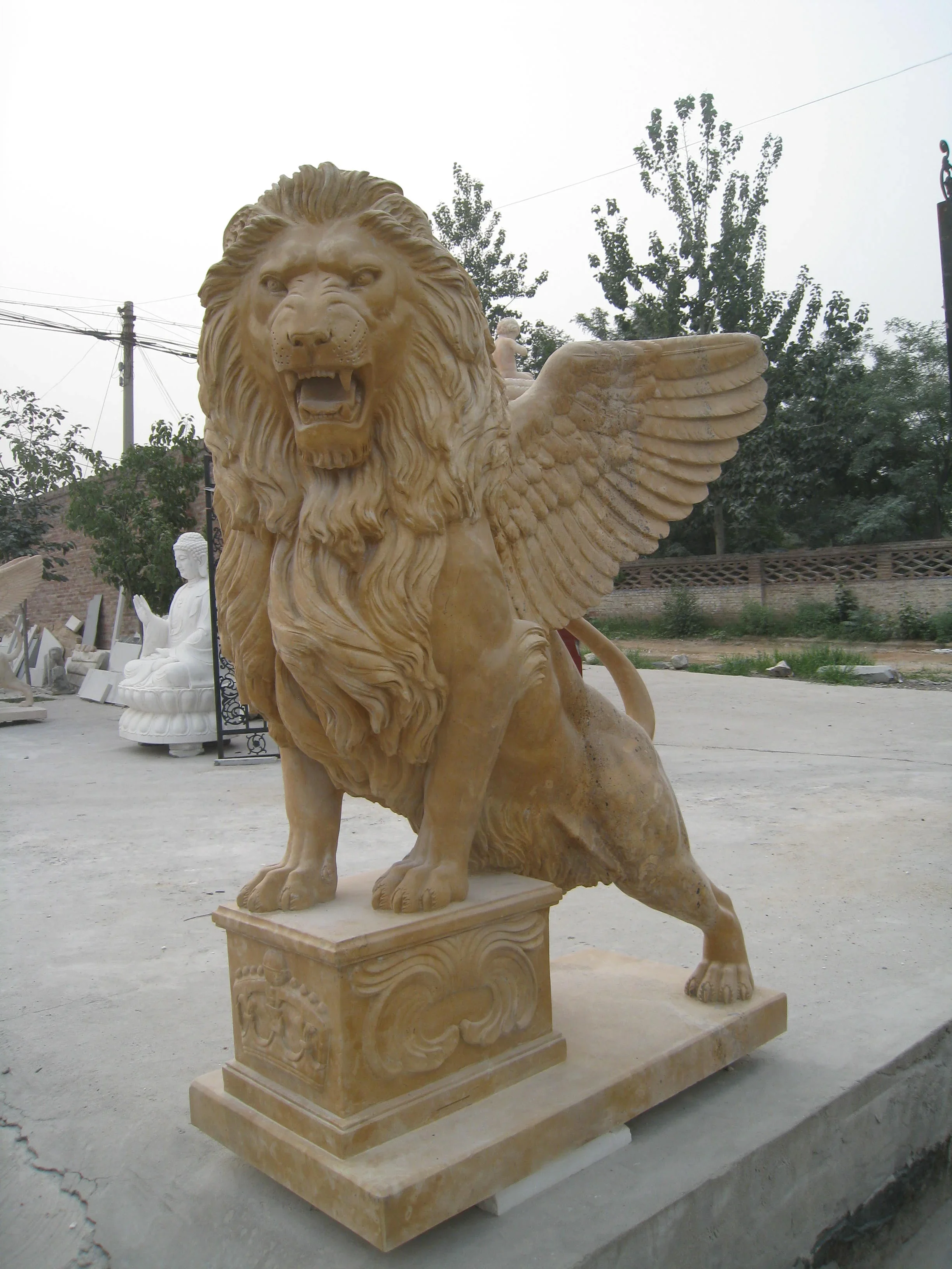 Outdoor Garden Marble Winged Lion Statue Sculpture