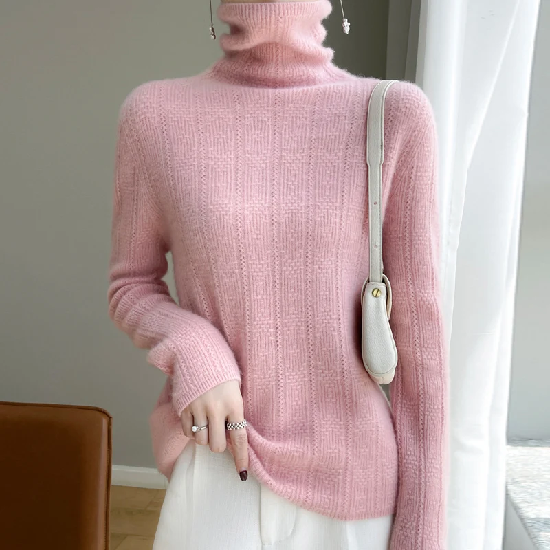 Autumn Winter New 100% Merino Pure Wool Stacked Collar Women\'s Hollow Out Sweater High Style Long Sleeve Lined Readymade Garment