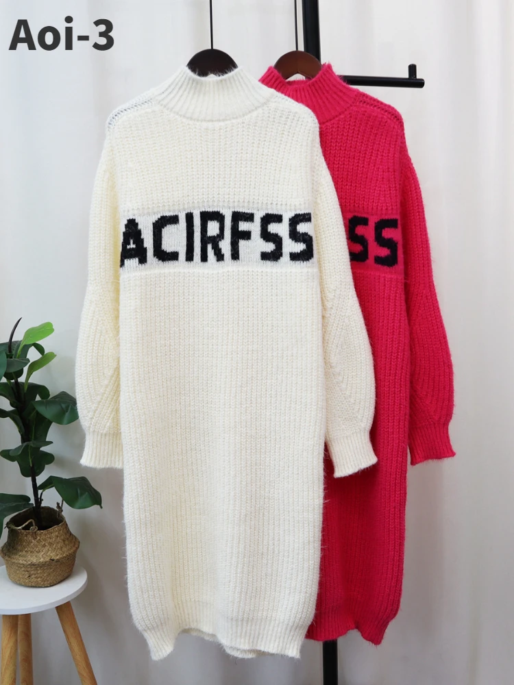 Korean Commuter Mid-Length Sweater Women's 2023 Autumn Winter New Letter Half High Collar Pullovers Loose Soft Waxy Knitted Tops