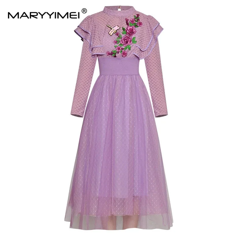 

MARYYIMEI Fashion Designer dress Spring Autumn Women's Dress Ruffles Long sleeve Beading Sequin Embroidery Slim Dresses