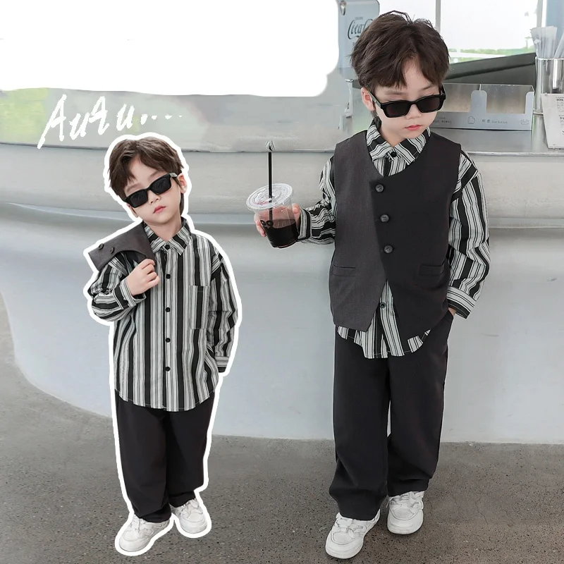 

2025 Baby Boy Clothes Set Size 2-11Y Kid Clothing Suit Child Spring Autumn Vest Shirt+Pants 3Pcs Casual Fashion Tracksuit Suits