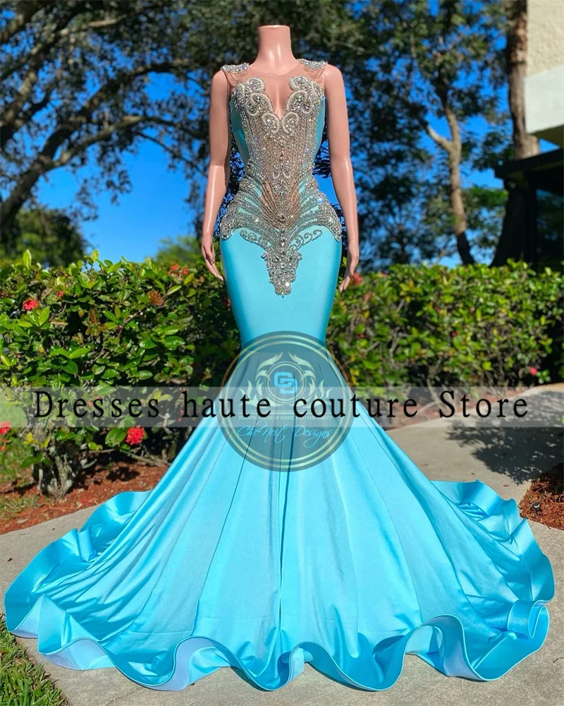 Sky Blue Diamonds Prom Dresses 2025 For Black Girls Beaded Crystal Mermaid Party Gowns Foraml Elegant Evening Dresses Customize