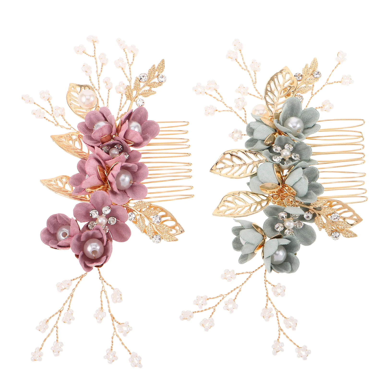

2Pcs Bride Hair Comb Floral Pearl Rhinestone Leaf Motif Elegant Handcrafted Wedding Headdress Styling Accessory for Bridal