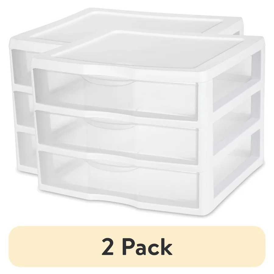 

2 pack Wide 3 Drawer Unit Clear Plastic Countertop or Desktop Drawers White