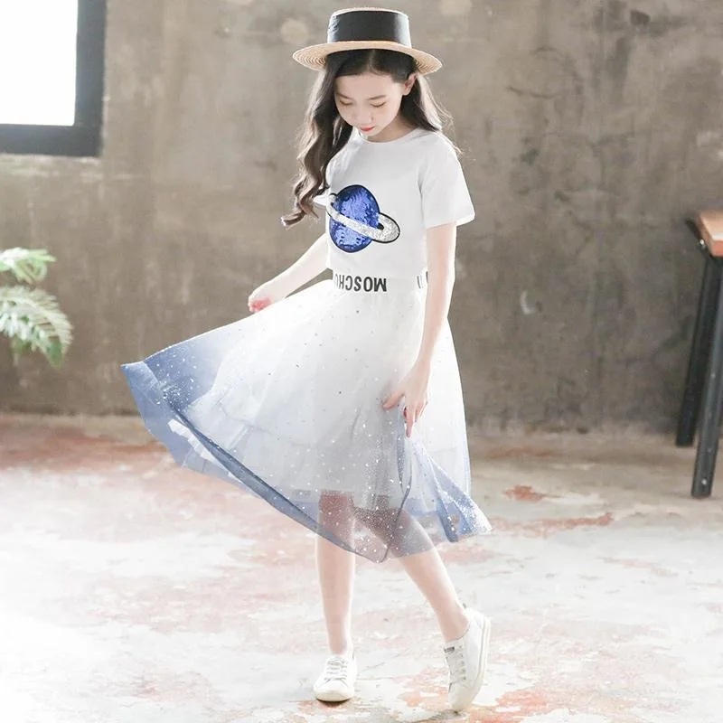 Summer Teen Girls Clothing Sets Fashion Cotton T-shirt + Long Skirt 2Pcs Little Princess Suit 3 4 6 8 10 12 14 Year Kids Clothes