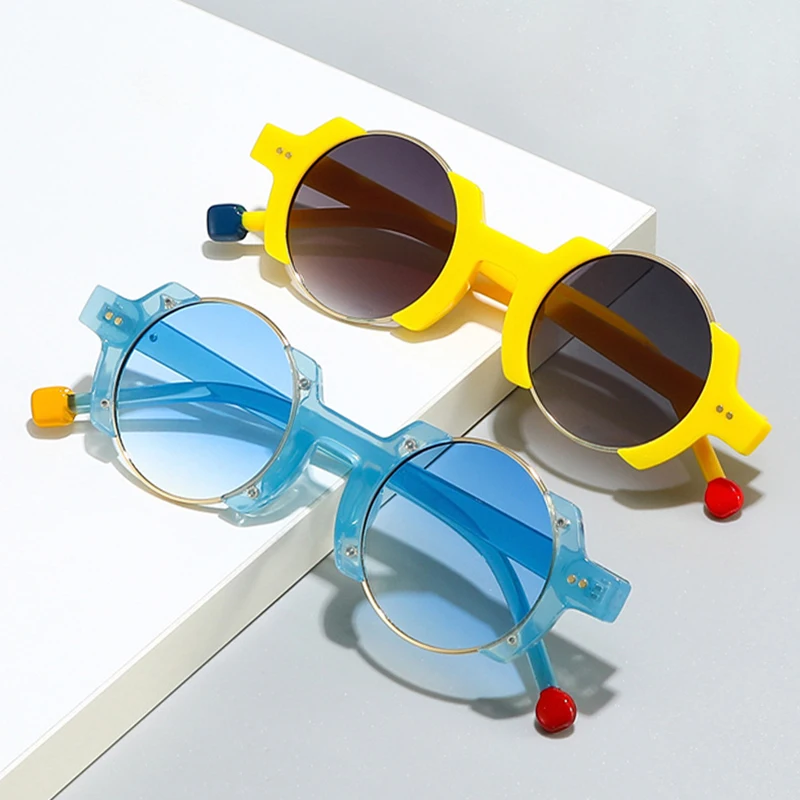 SO i EI Ins popularne modne okrągłe damskie okulary przeciwsłoneczne w stylu punkowym Retro nity mężczyźni modne żółte niebieskie okulary przeciwsłoneczne gradientowe odcienie UV400 — zdjęcie 4