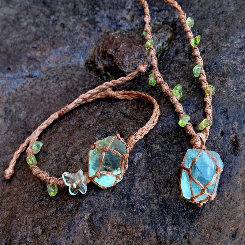 Natural Lucky Fluorite Rough Stone Macrame Net Pouch Necklace Hand Woven Boho Crystal Bracelet Blessing Protection Jewelry