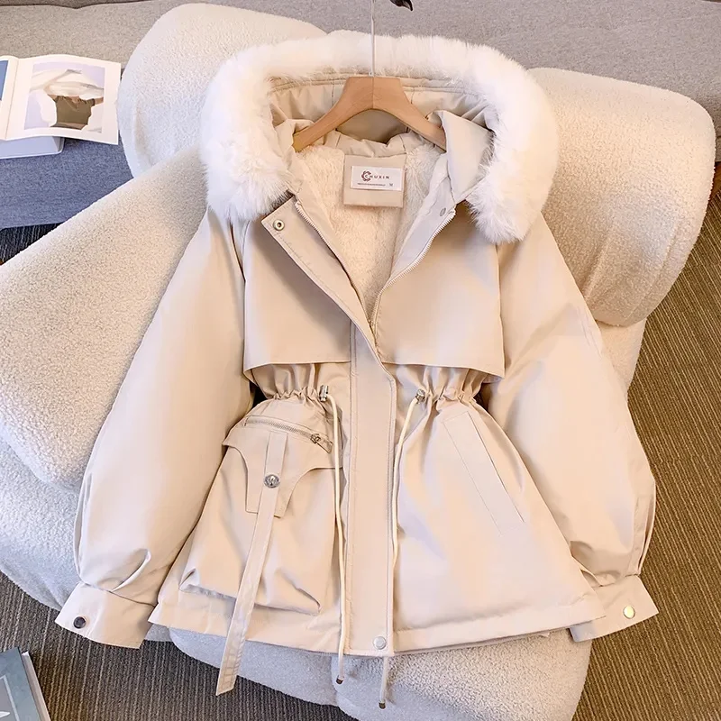 Parka à capuche avec col en fourrure pour femme, manteau long, veste mince, doublure en laine, vêtements de neige chauds, vêtements rembourrés, mode, hiver, nouveau, 2024