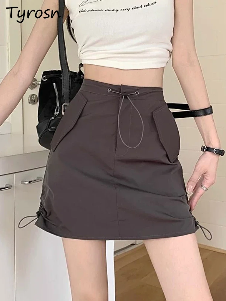 

Юбки женские, милые, модный дизайн, однотонные, в стиле ампир, летние, универсальные, для отдыха, мини-гофрировка, корейский стиль, элегантные, 4-цветные, с карманами