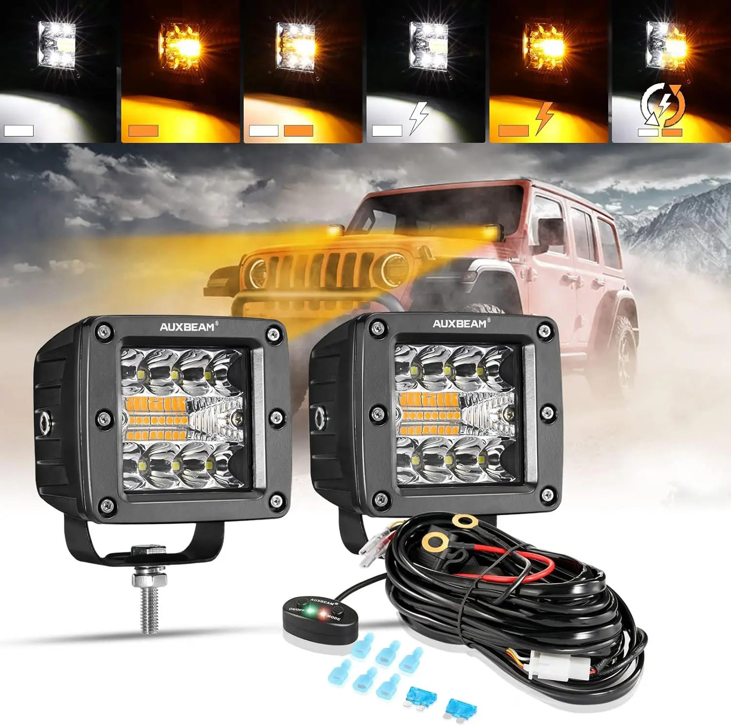 LED Pods 3 Inch 72W Amber Fog Light, 6 Modes Strobe Cube Pod Light Bar Dual Color Yellow Spot Flood Offroad Driving Lights Ditch